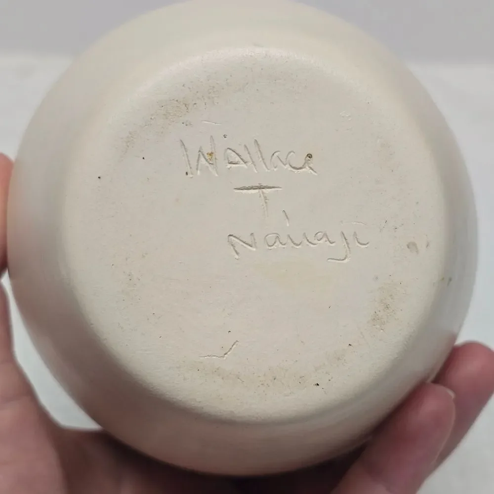 Native American Hand Painted Pottery Vase Signed By Wallace T. Navajo Folk Art